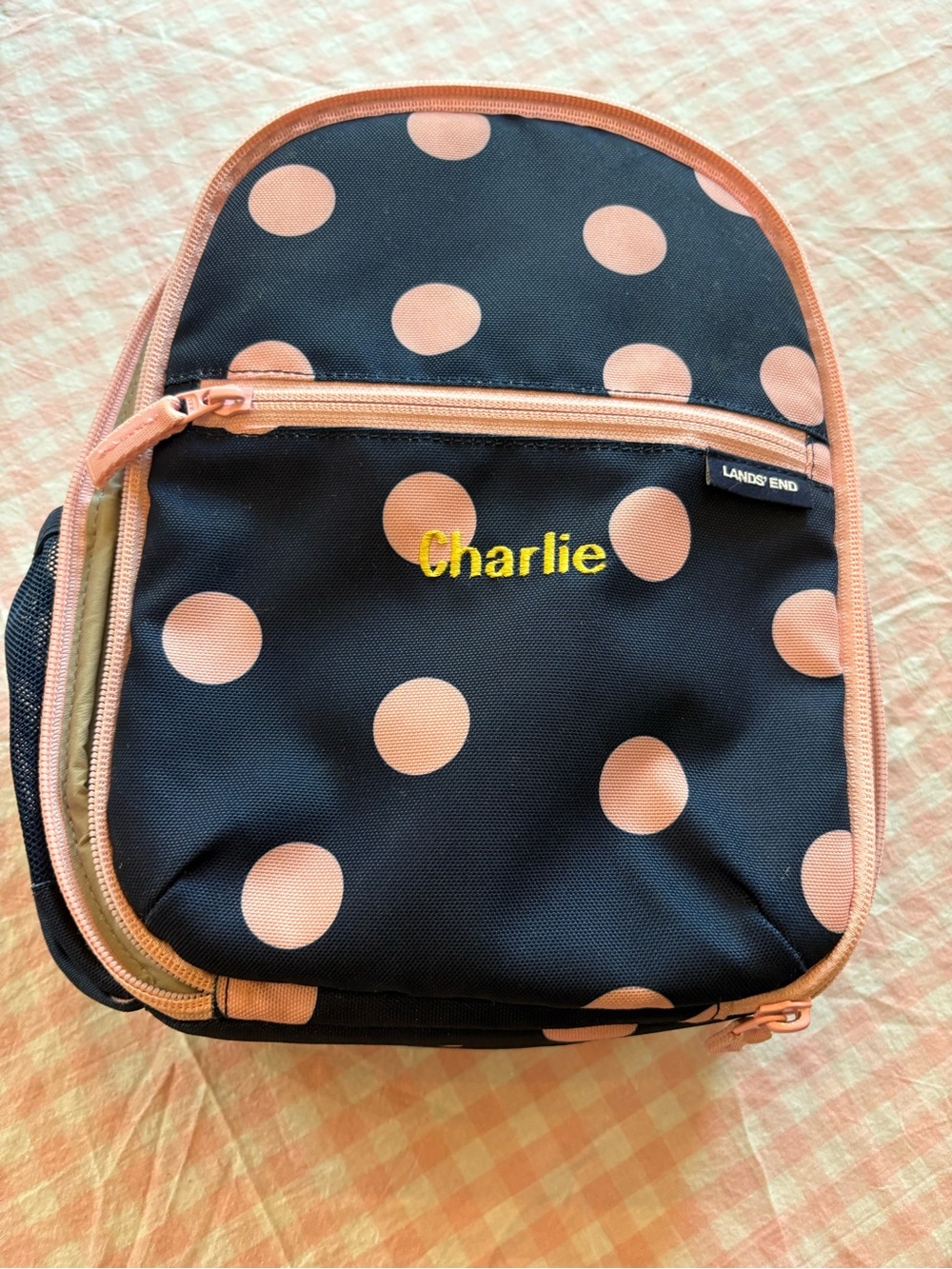 Lands' End Insulated Navy Lunch Bag with Pink Polka Dots